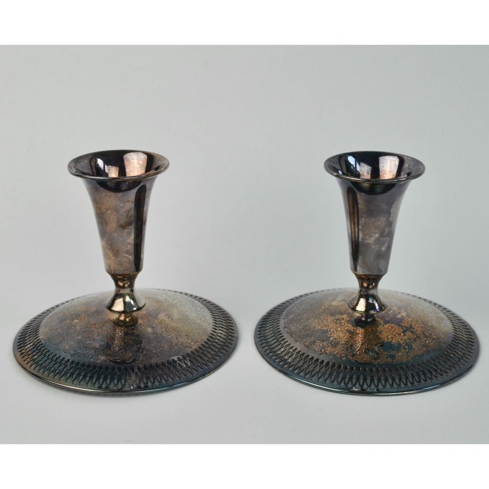 Vintage B. M. Co. Brocade 2241 Pierced Embossed Candlesticks Pair Silverplate Be